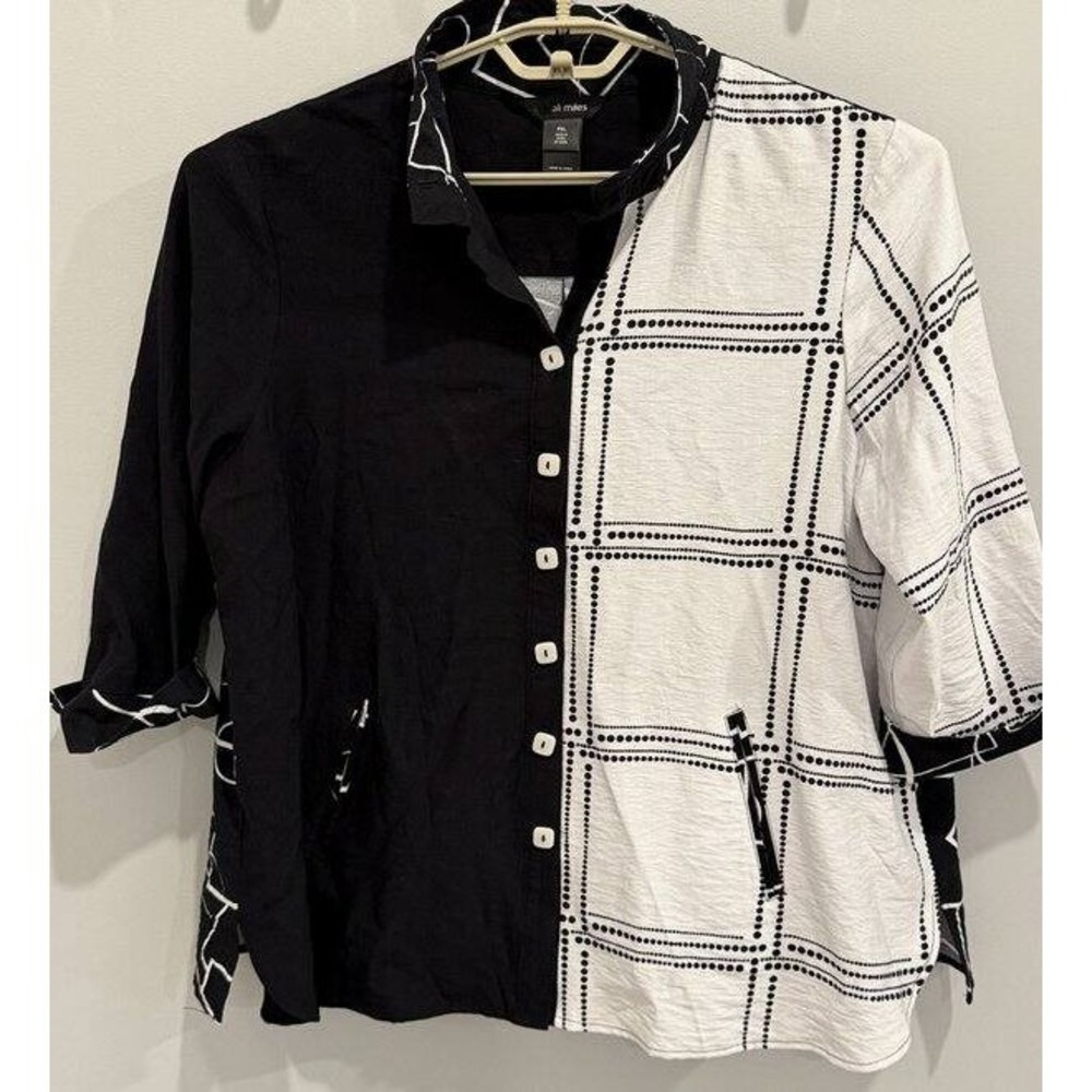 Ali Miles White Black Abstract Print Shaped Collar 3/4 Sleeve Button Up Shirt Po